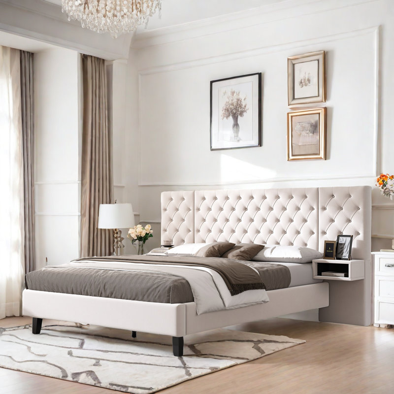 Velvet Upholstered Platform Bed With Panel Headboard Design 2 Nightstands And Diamond Shaped Button Tufted Design